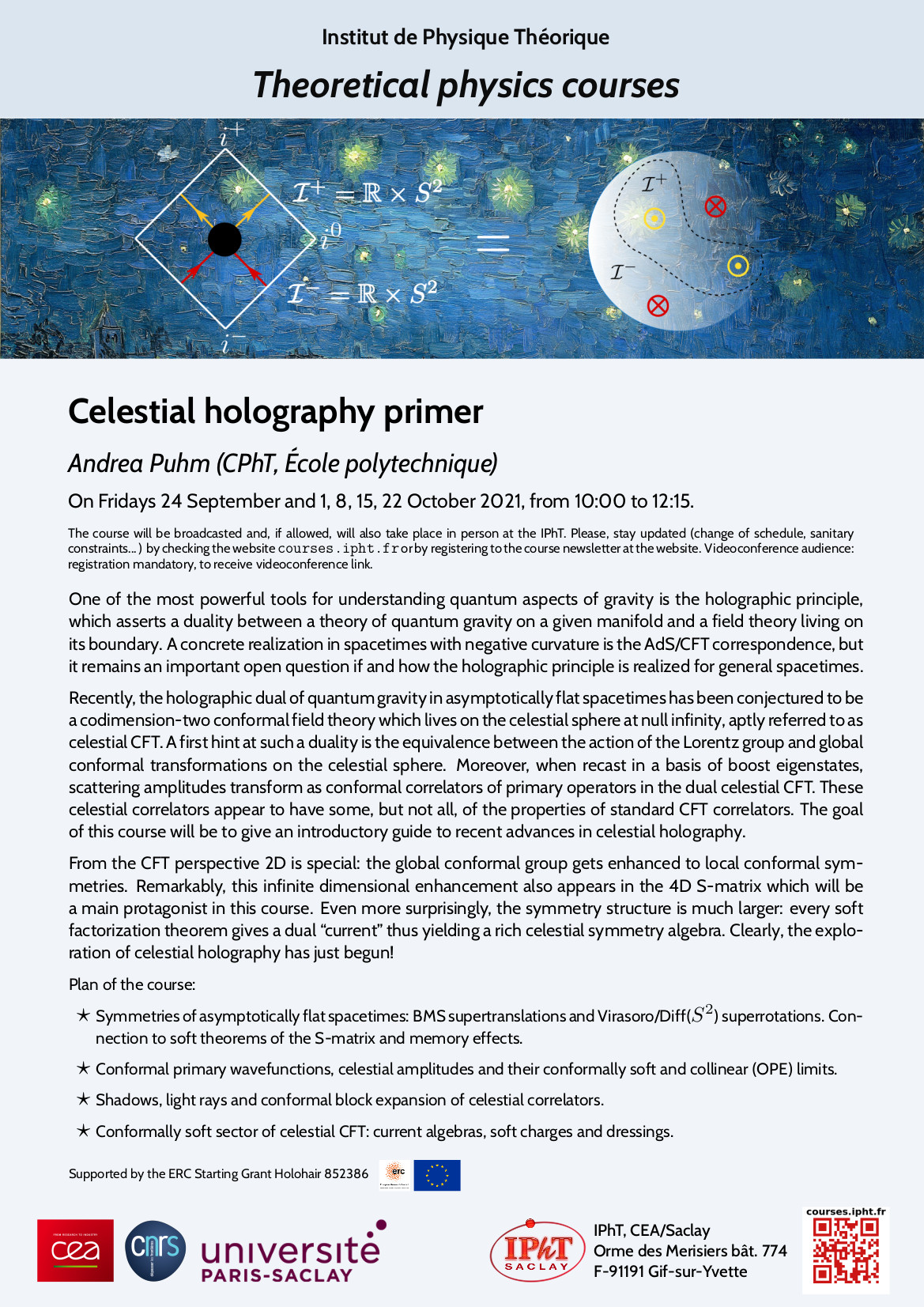 Prochain cours de Physique Théorique : Celestial Holography Primer par Andrea Puhm (CPhT, École Polytechnique)