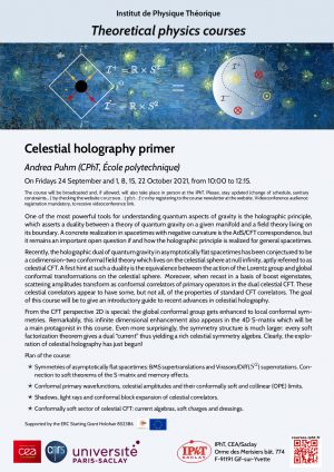 Prochain cours de Physique Théorique : Celestial Holography Primer par Andrea Puhm (CPhT, École Polytechnique)
